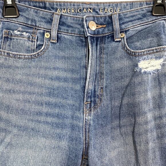 American Eagle Mom Jeans Distressed High Rise Holes Ripped Medium Blue Wash 000 - Picture 6 of 16